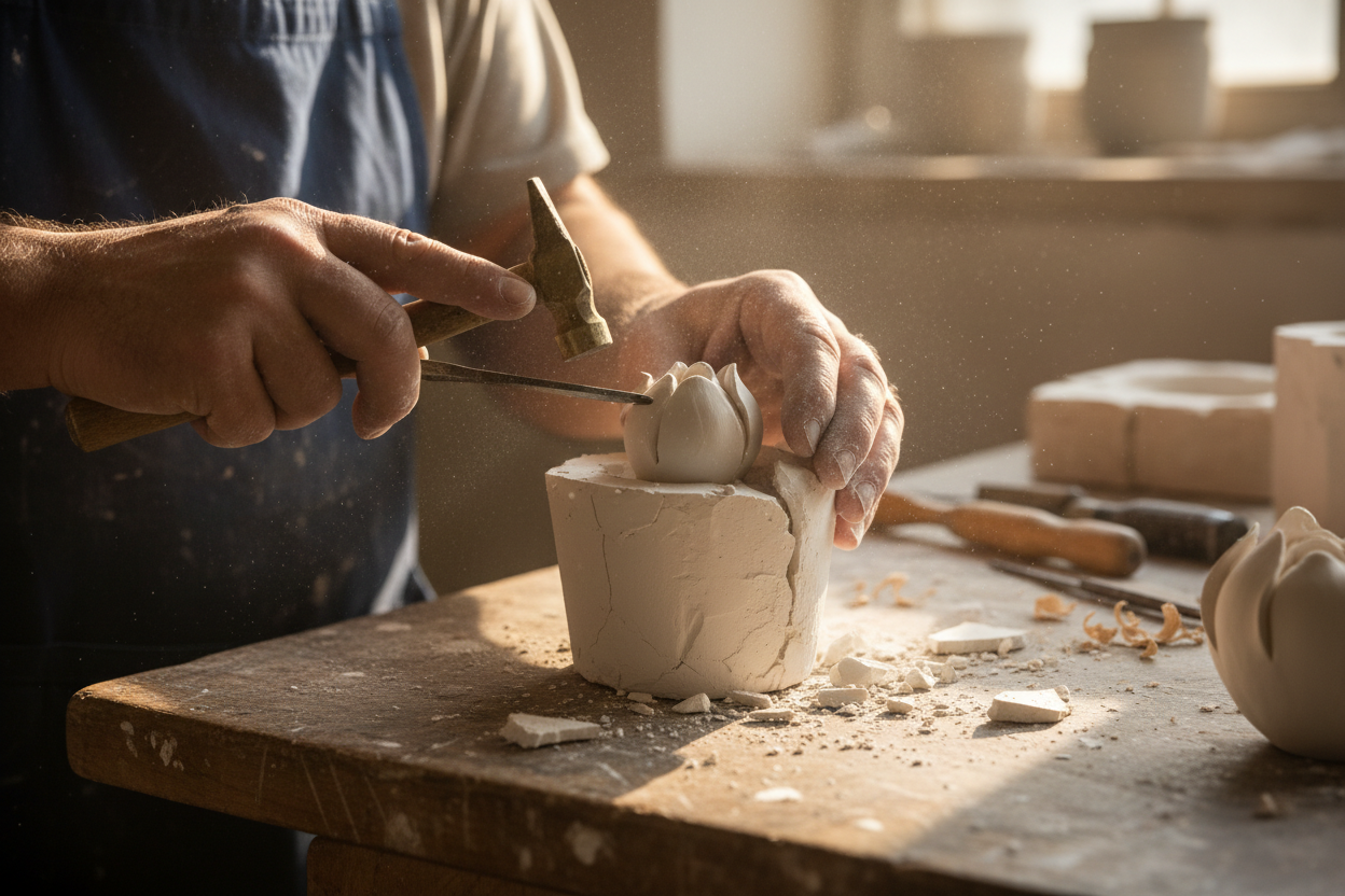 Close-up shot of a craftsman’s hands using a small hammer and chisel to crack open a plaster sculpture mold on a wooden workbench. Warm natural lighting, rustic textures, fine dust in the air, symbolizing originality and breaking the mold