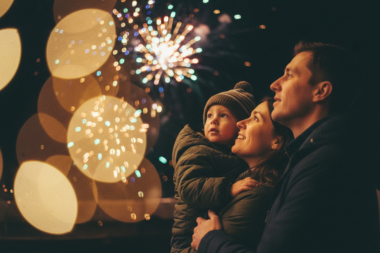 Okay my mom and a dad and the mom holding a boy looking at the fireworks
