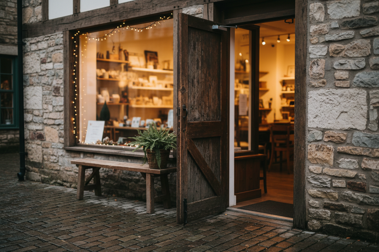 Real photo of a cozy small-town shop entrance with wooden door slightly open, warm interior lighting, blurred background inside, simple and inviting storefront, no people, no signage, professional photography