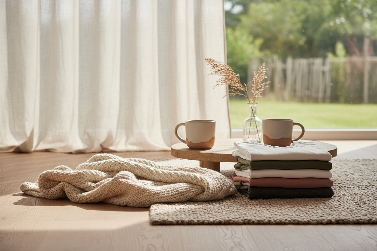 Simple warm lifestyle background with soft morning light, cozy textures, minimalist aesthetic, inviting and friendly atmosphere, representing authenticity and simplicity, perfect for a small apparel brand About Us page